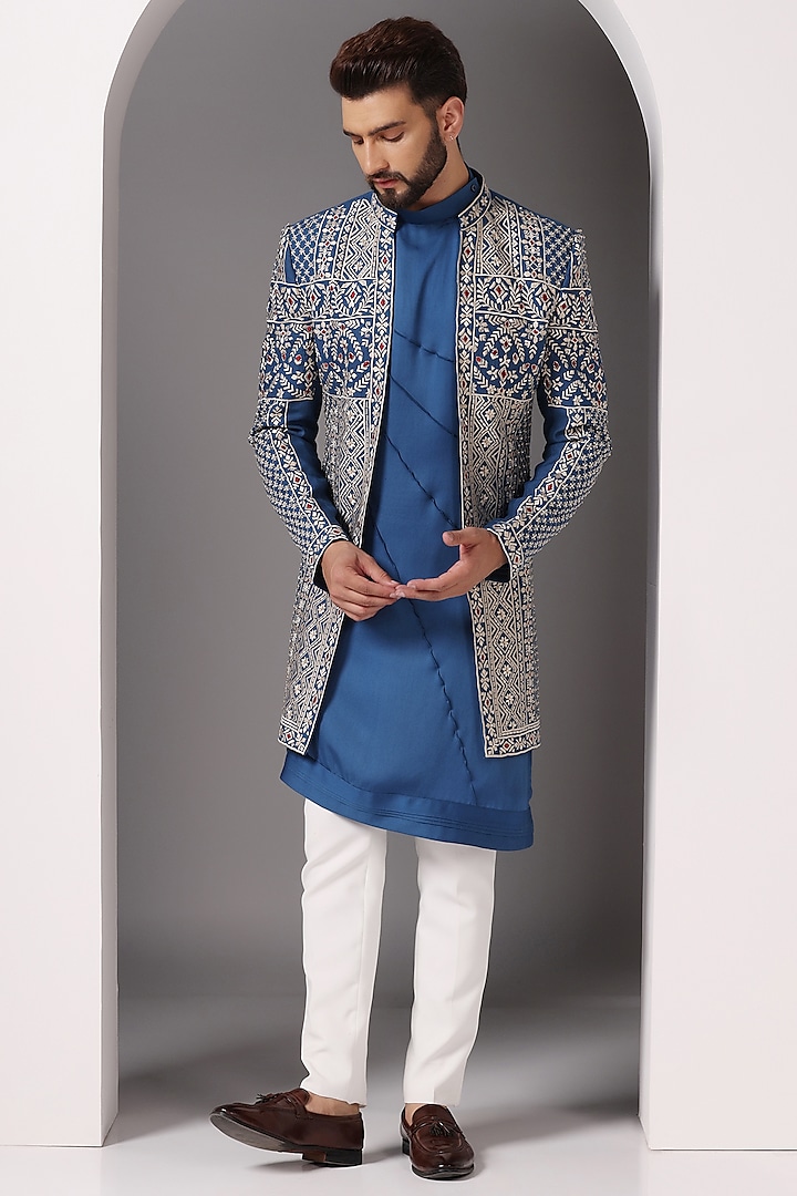 Medium Blue Cotton Modal Embroidred Indowestern Set by Bhavya Bhasin