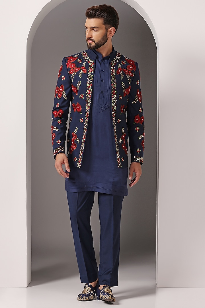 Blue Poly Wool Embroidered Open Jacket Set by Bhavya Bhasin