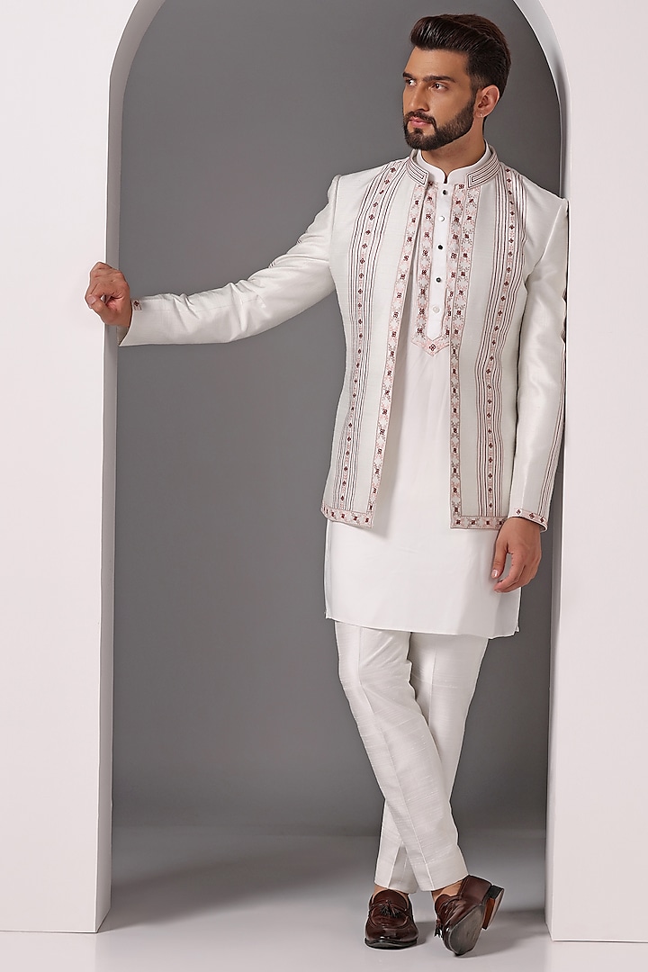 Ivory Raw Silk Embroidered Open Jacket Set by Bhavya Bhasin
