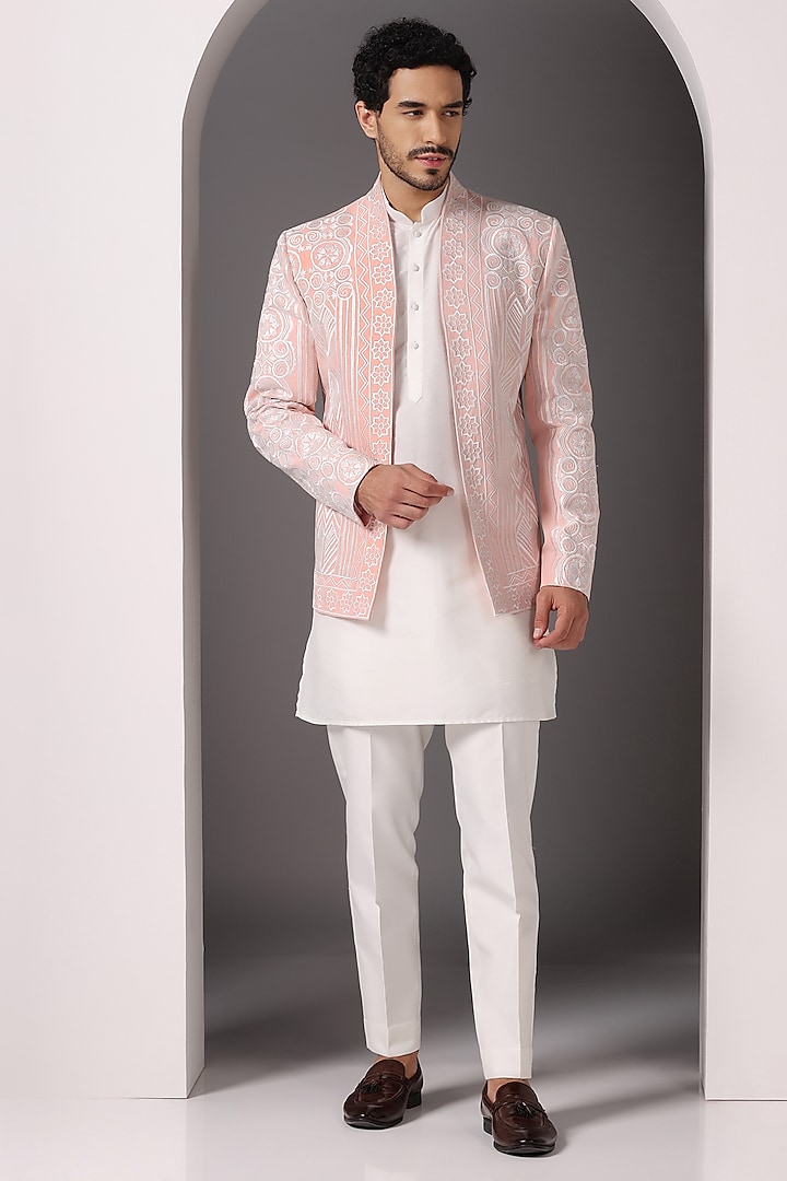 Peach Georgette Embroidred Open Jacket Set by Bhavya Bhasin