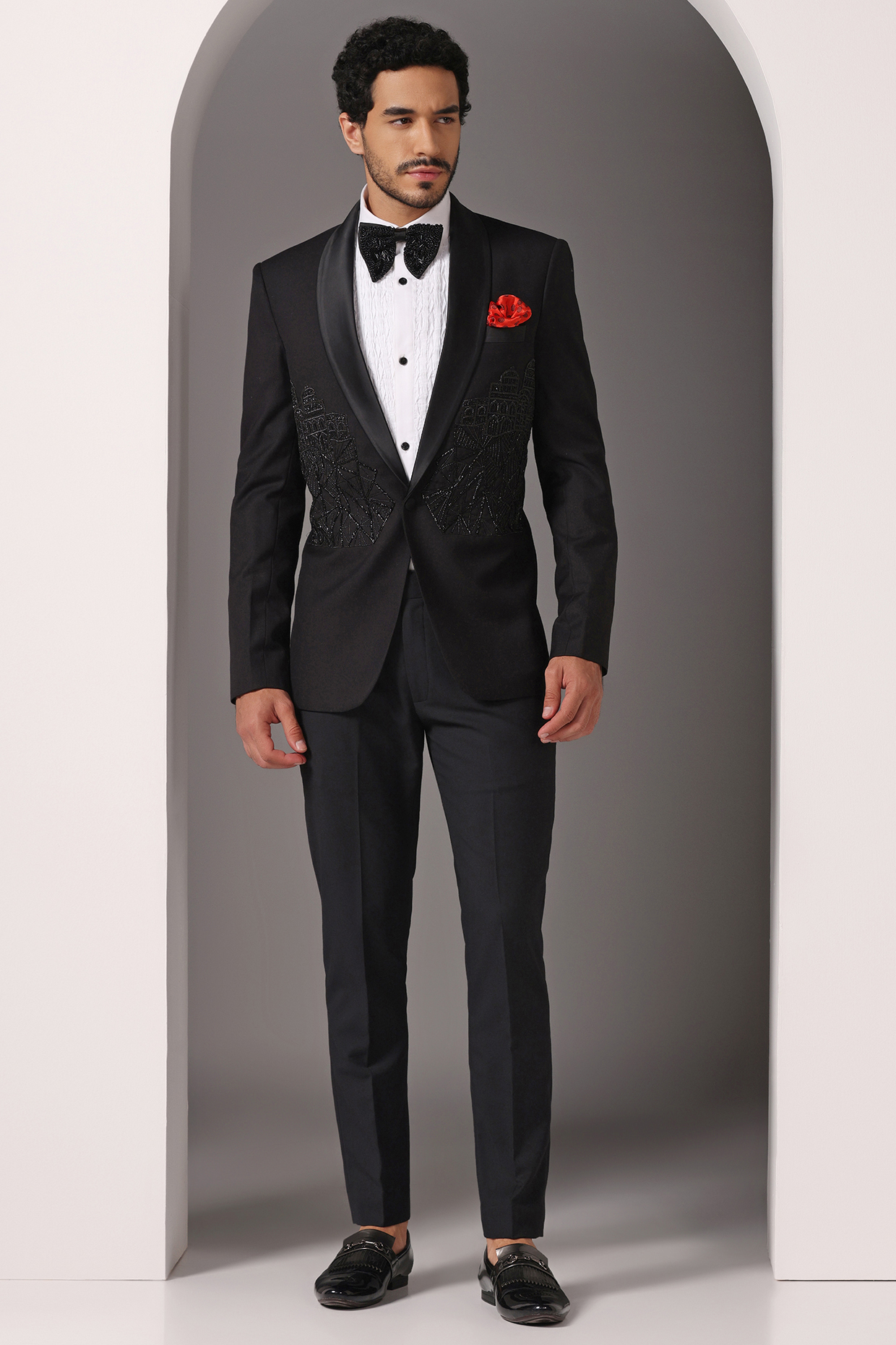 Black Poly Wool Embroidered Tuxedo Set by Bhavya Bhasin at Pernia's Pop Up Shop