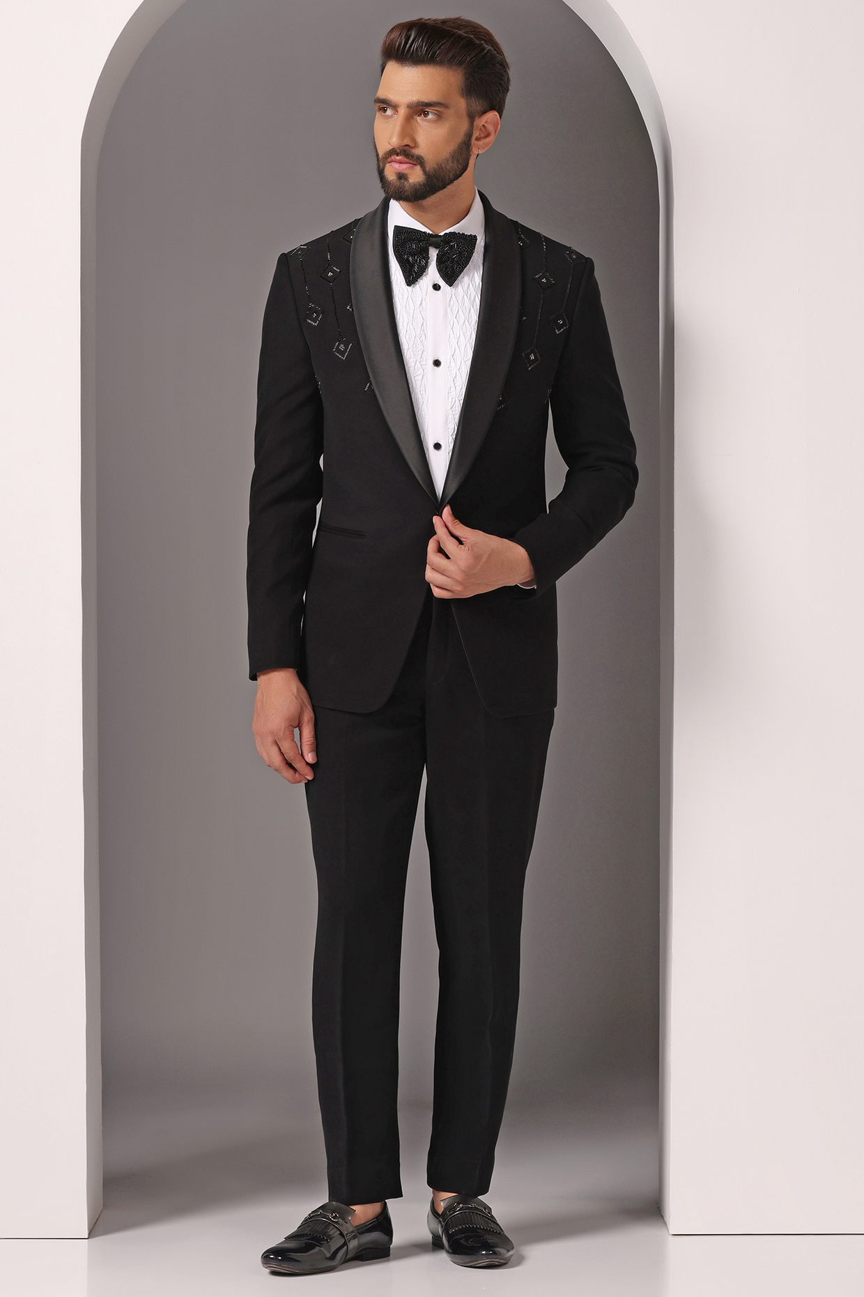 Black Japanese Fabric Embroidered Tuxedo Set by Bhavya Bhasin at Pernia's Pop Up Shop