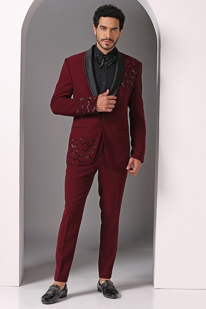 Maroon Japanese Fabric Embroidered Tuxedo Set by Bhavya Bhasin at Pernia's Pop Up Shop