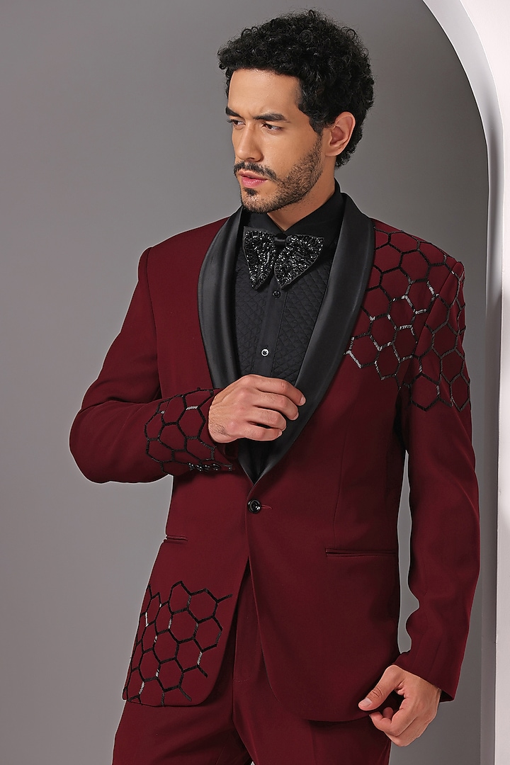 Maroon Japanese Fabric Embroidered Tuxedo Set by Bhavya Bhasin at Pernia's Pop Up Shop
