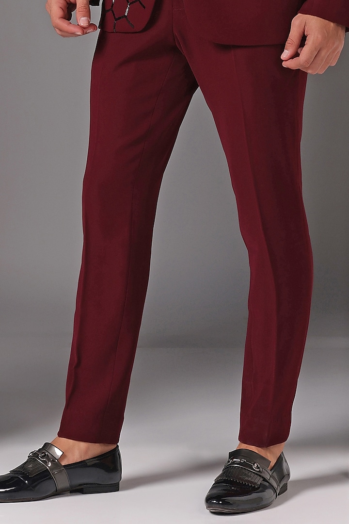 Maroon Japanese Fabric Embroidered Tuxedo Set by Bhavya Bhasin at Pernia's Pop Up Shop