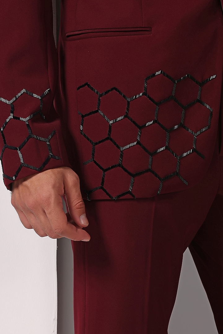 Maroon Japanese Fabric Embroidered Tuxedo Set by Bhavya Bhasin at Pernia's Pop Up Shop