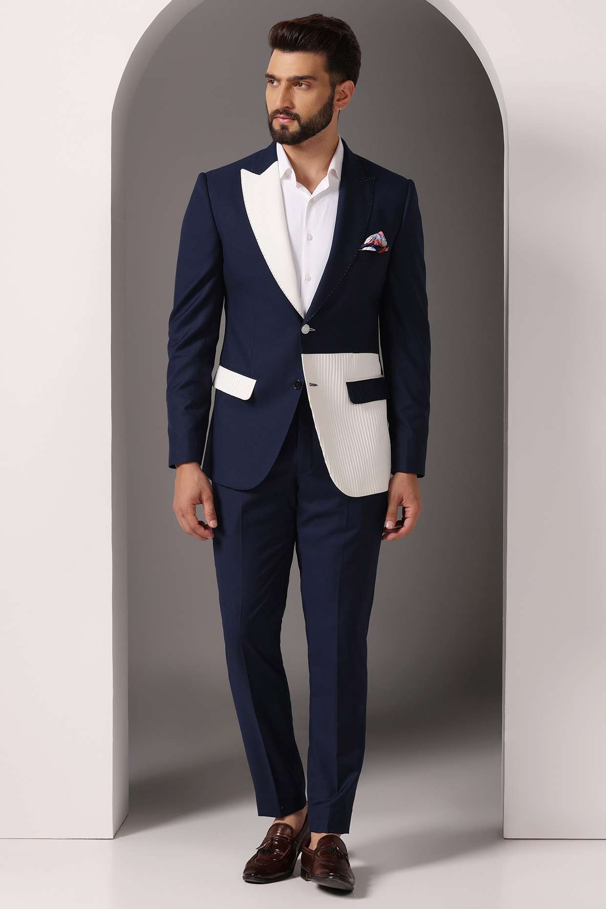 Dark Blue Poly Wool Blazer Set by Bhavya Bhasin at Pernia's Pop Up Shop