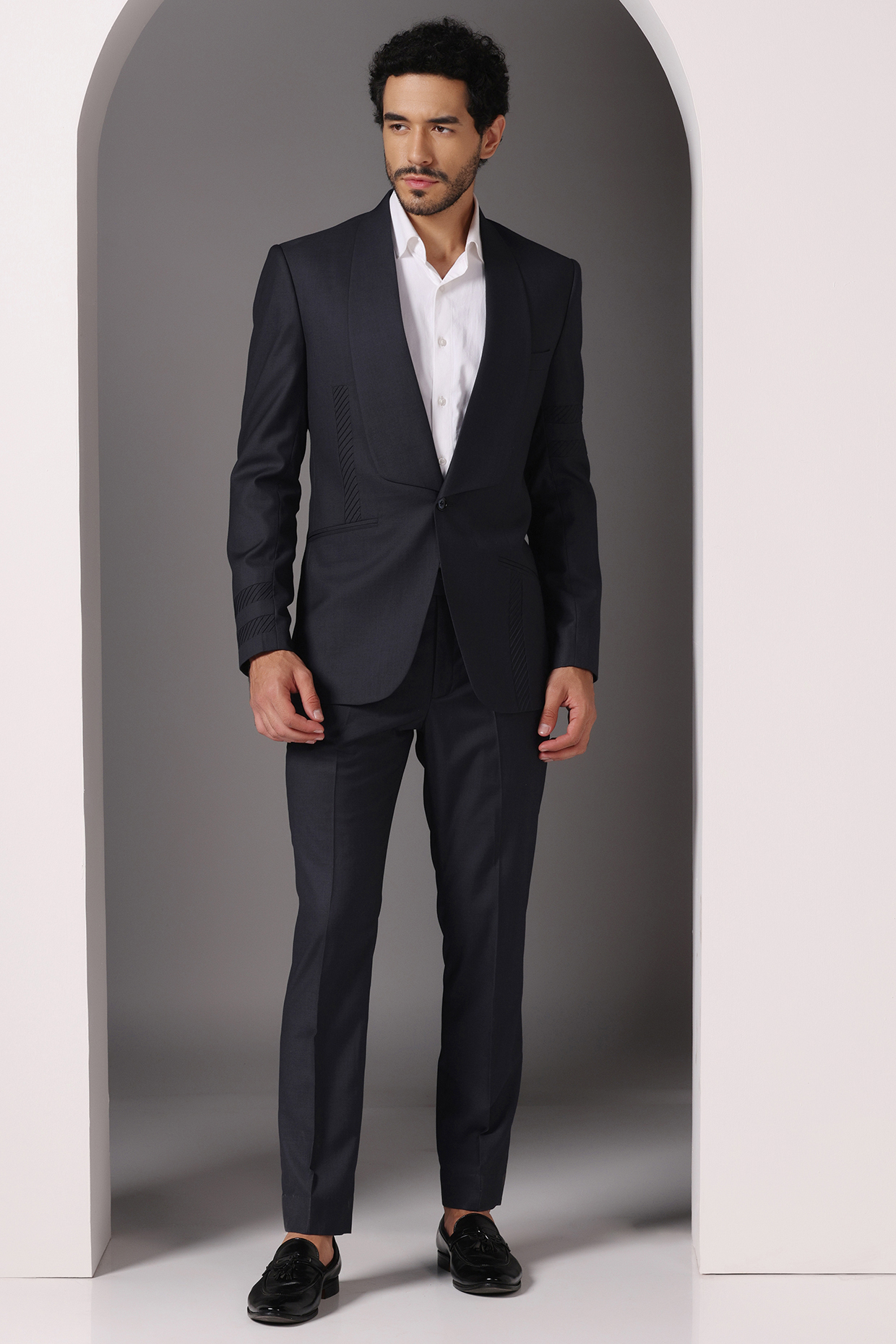 Dark Blue Poly Wool Blazer Set by Bhavya Bhasin at Pernia's Pop Up Shop