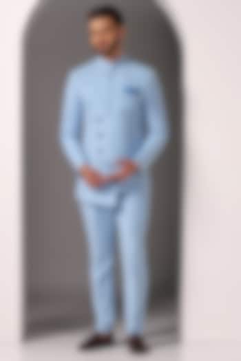 Sky Blue Poly Wool Bandhgala Set by Bhavya Bhasin at Pernia's Pop Up Shop