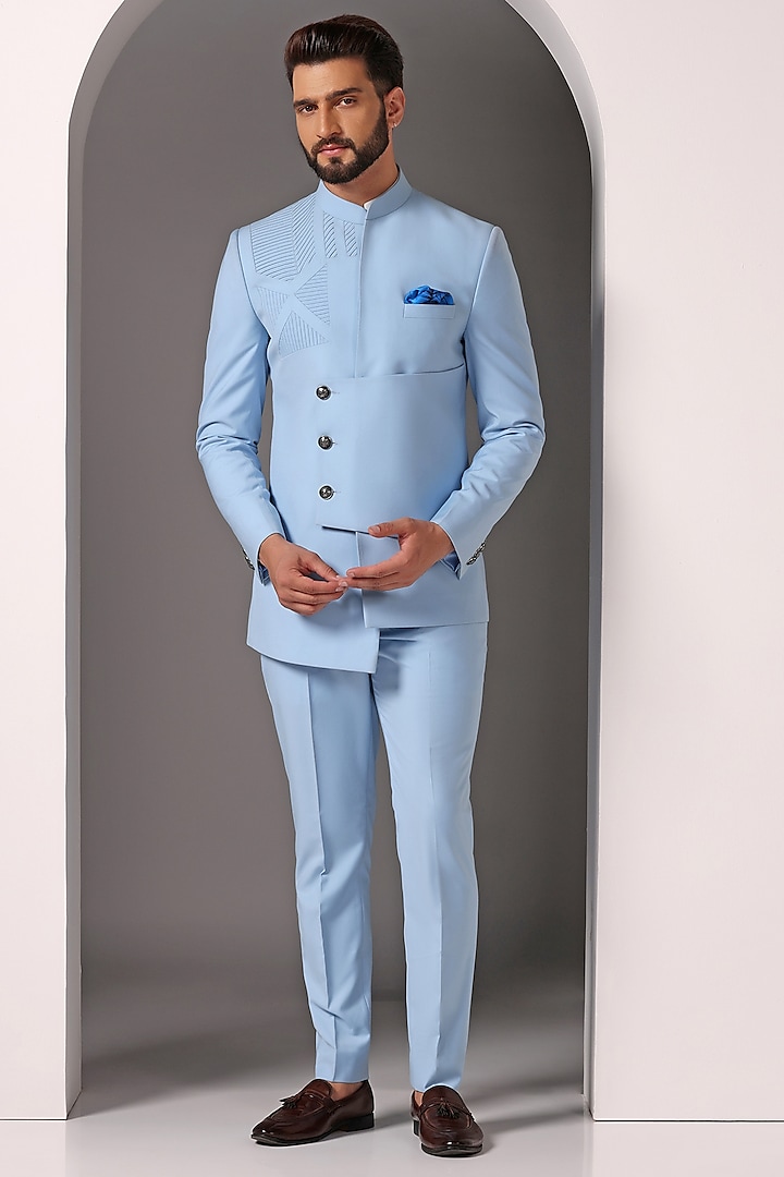 Sky Blue Poly Wool Bandhgala Set by Bhavya Bhasin at Pernia's Pop Up Shop