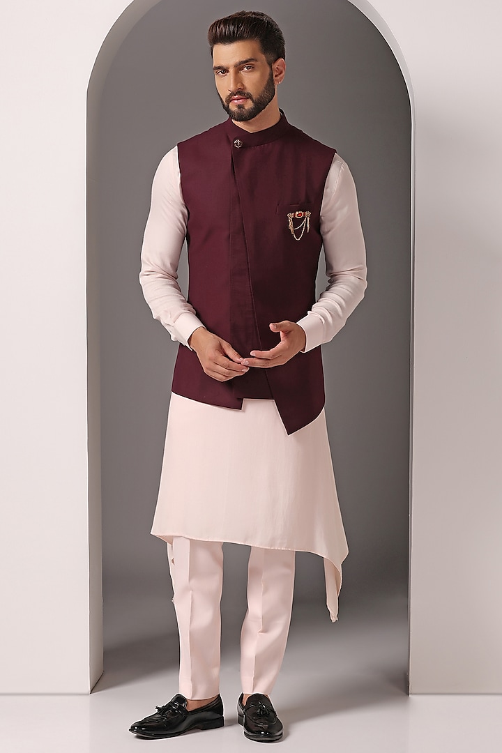 Maroon Cotton Nehru Jacket Set by Bhavya Bhasin