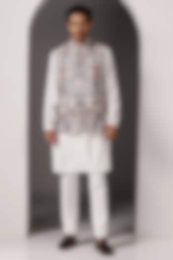 Ivory Moss Crepe Embroidered Nehru Jacket Set by Bhavya Bhasin