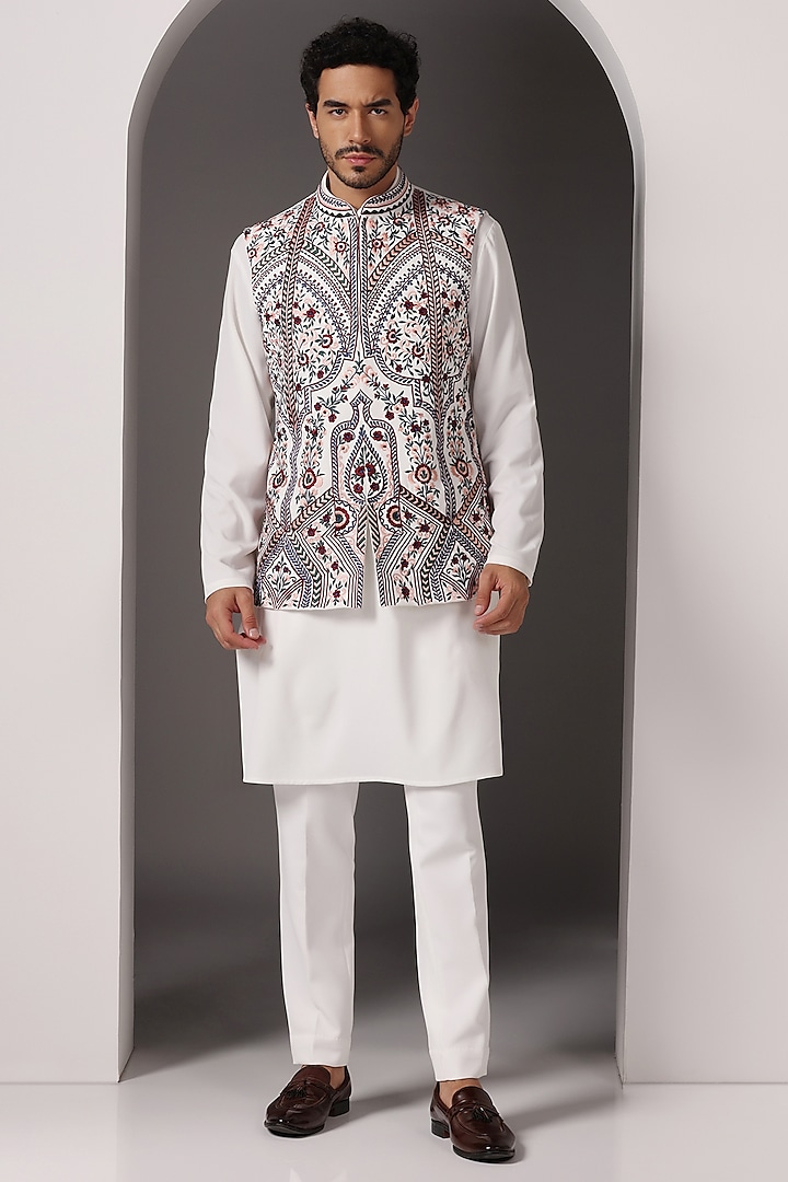 Ivory Moss Crepe Embroidered Nehru Jacket Set by Bhavya Bhasin