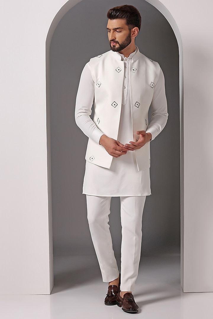 Ivory Moss Crepe Embroidered Nehru Jacket Set by Bhavya Bhasin