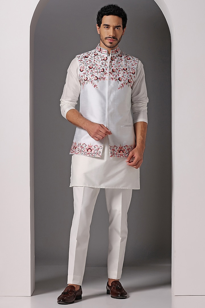 Ivory Dupion Silk Embroidered Nehru Jacket Set by Bhavya Bhasin