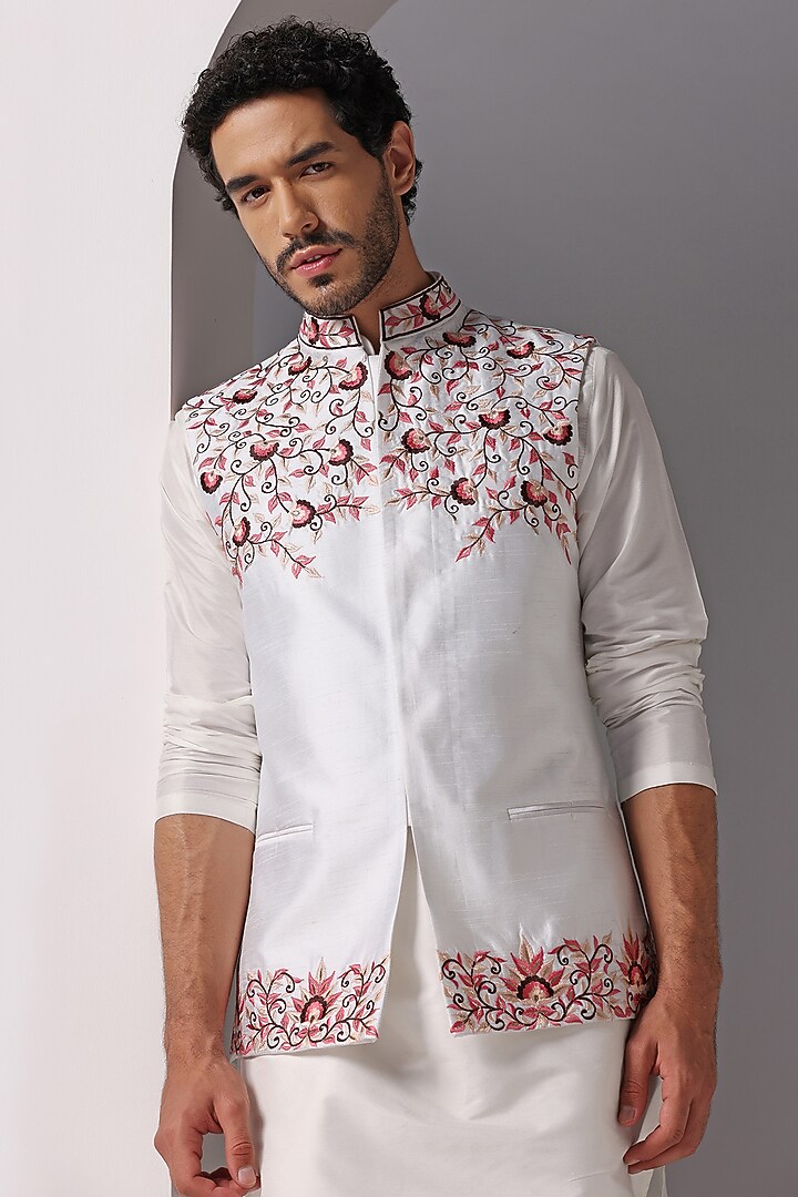 Ivory Dupion Silk Embroidered Nehru Jacket Set by Bhavya Bhasin at Pernia's Pop Up Shop