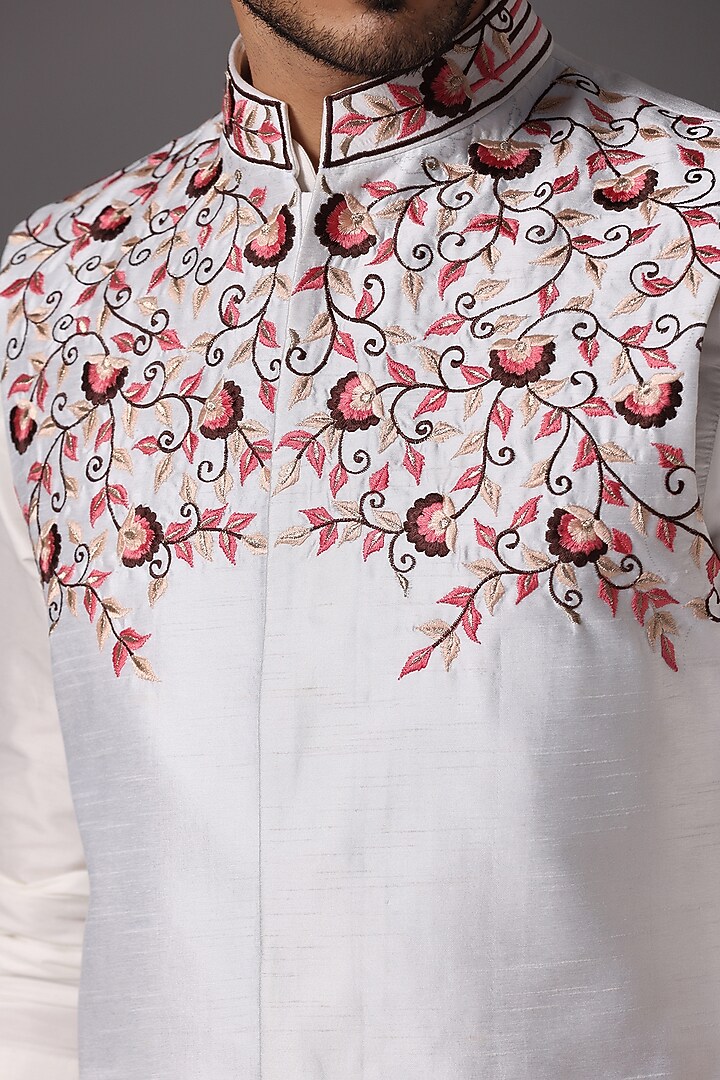 Ivory Dupion Silk Embroidered Nehru Jacket Set by Bhavya Bhasin at Pernia's Pop Up Shop