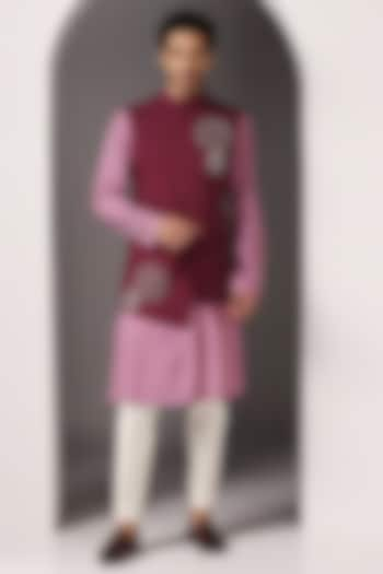 Maroon Cotton Silk Embroidered Nehru Jacket Set by Bhavya Bhasin