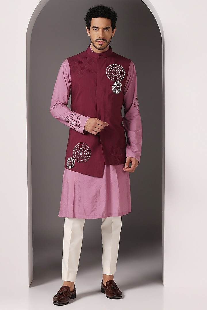 Maroon Cotton Silk Embroidered Nehru Jacket Set by Bhavya Bhasin