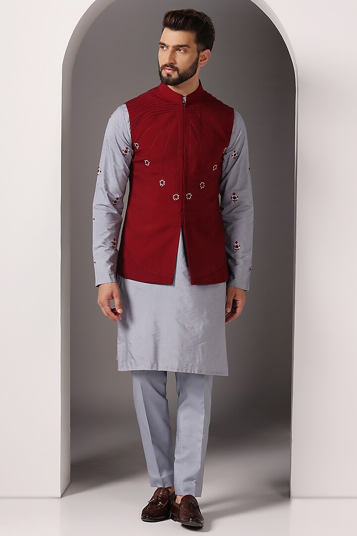 Maroon Cotton Silk Embroidered Nehru Jacket Set by Bhavya Bhasin