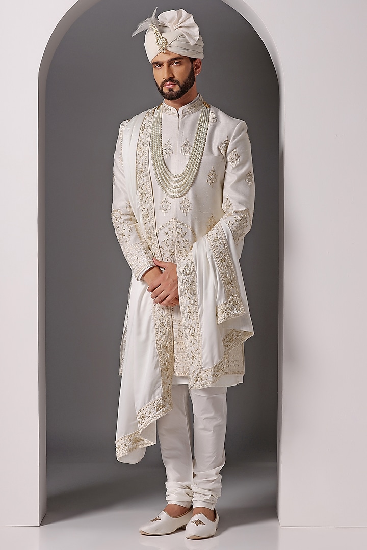 Ivory Raw Silk Embroidered Groom Sherwani Set by Bhavya Bhasin at Pernia's Pop Up Shop