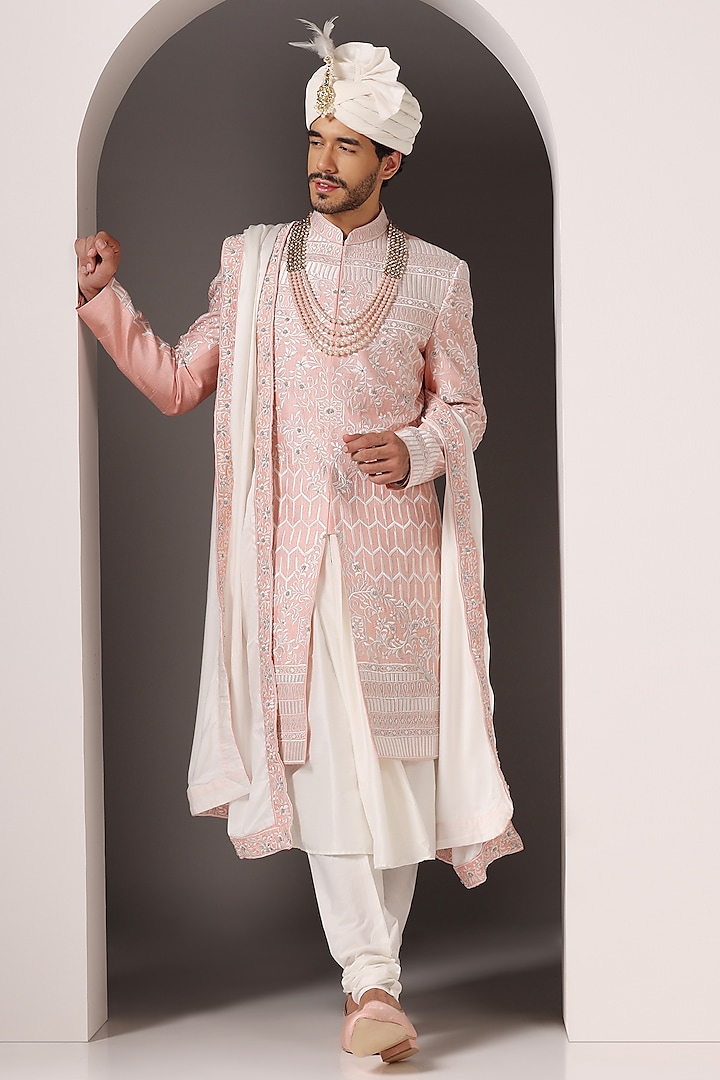 Pink Raw Silk Embroidered Groom Sherwani Set by Bhavya Bhasin at Pernia's Pop Up Shop