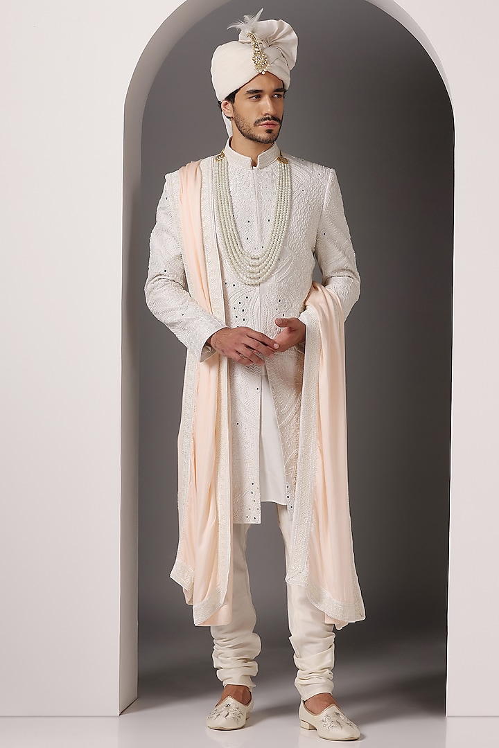 Ivory Raw Silk Embroidered Sherwani Set by Bhavya Bhasin