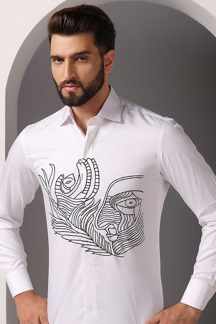 White Cotton Satin Embroidered Summer Shirt by Bhavya Bhasin at Pernia's Pop Up Shop