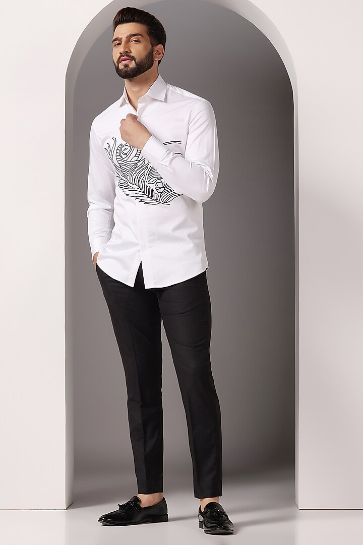 White Cotton Satin Embroidered Summer Shirt by Bhavya Bhasin at Pernia's Pop Up Shop
