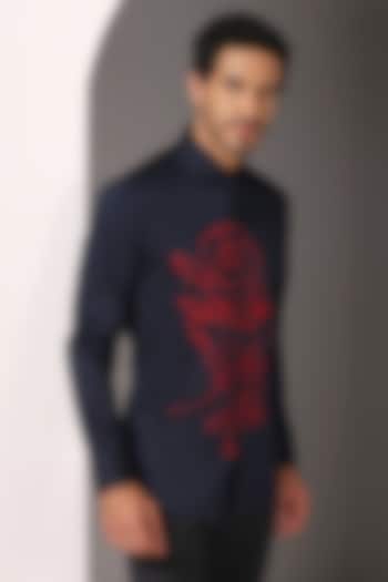 Blue Cotton Satin Embroidered Summer Shirt by Bhavya Bhasin at Pernia's Pop Up Shop