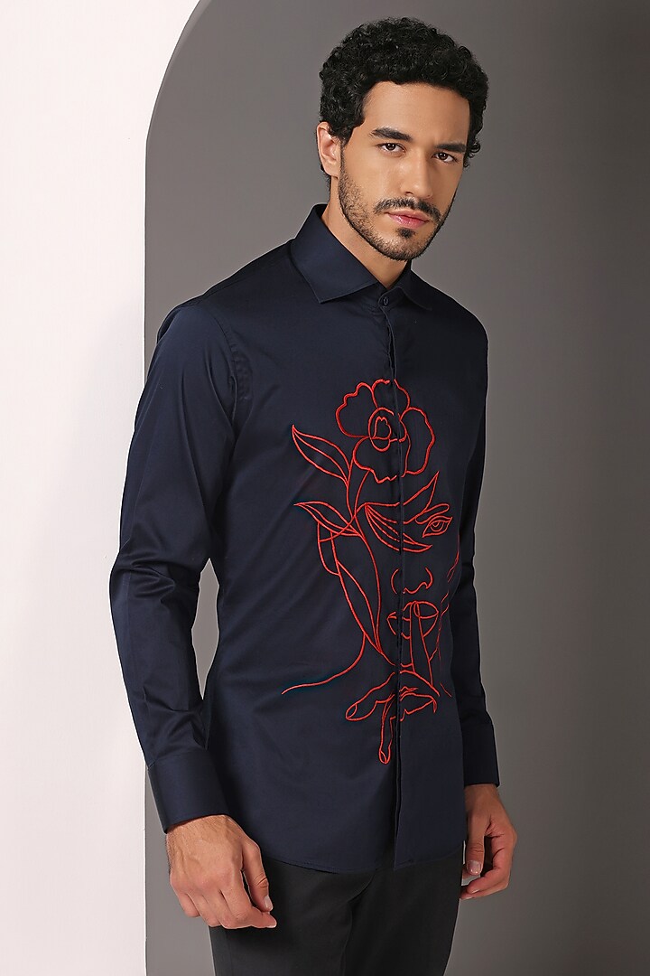 Blue Cotton Satin Embroidered Summer Shirt by Bhavya Bhasin at Pernia's Pop Up Shop