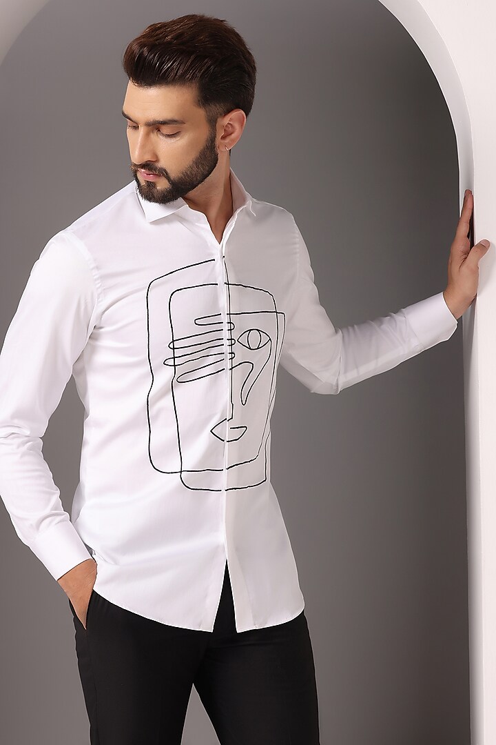 White Cotton Satin Embroidered Summer Shirt by Bhavya Bhasin at Pernia's Pop Up Shop