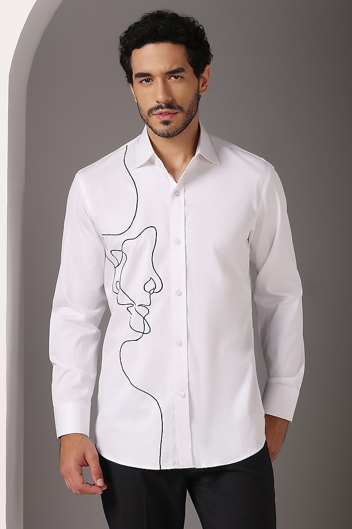 White Cotton Satin Embroidered Shirt by Bhavya Bhasin