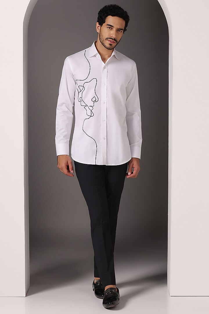 White Cotton Satin Embroidered Summer Shirt by Bhavya Bhasin at Pernia's Pop Up Shop