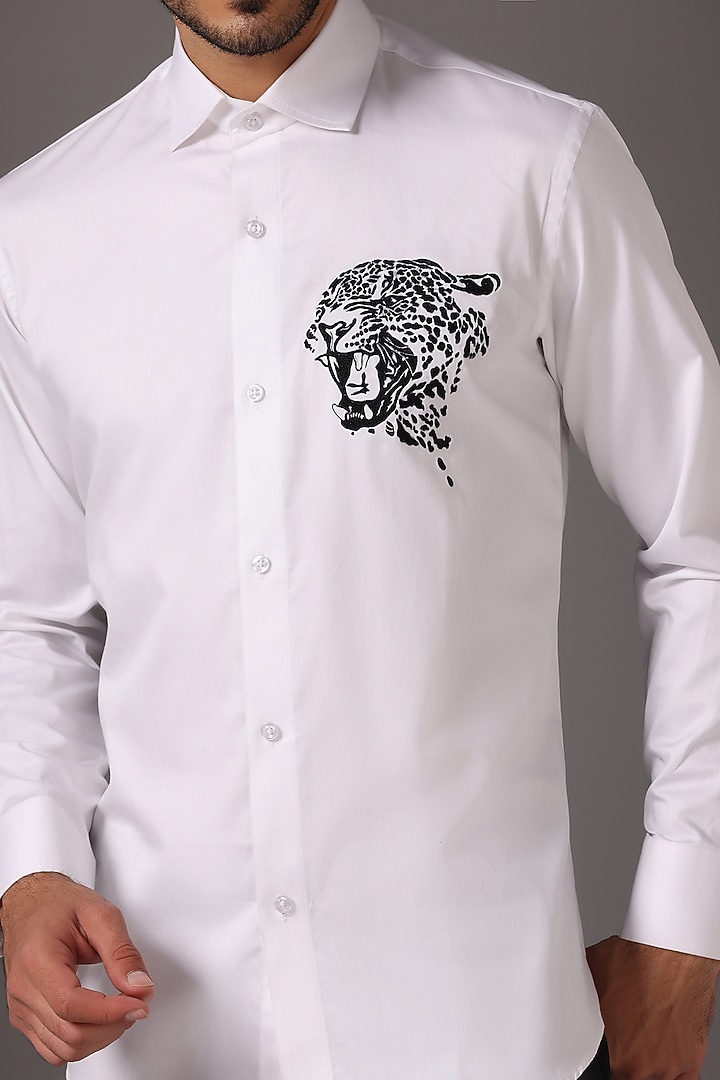 White Cotton Satin Embroidered Summer Shirt by Bhavya Bhasin at Pernia's Pop Up Shop
