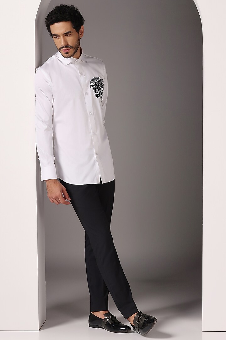 White Cotton Satin Embroidered Summer Shirt by Bhavya Bhasin at Pernia's Pop Up Shop
