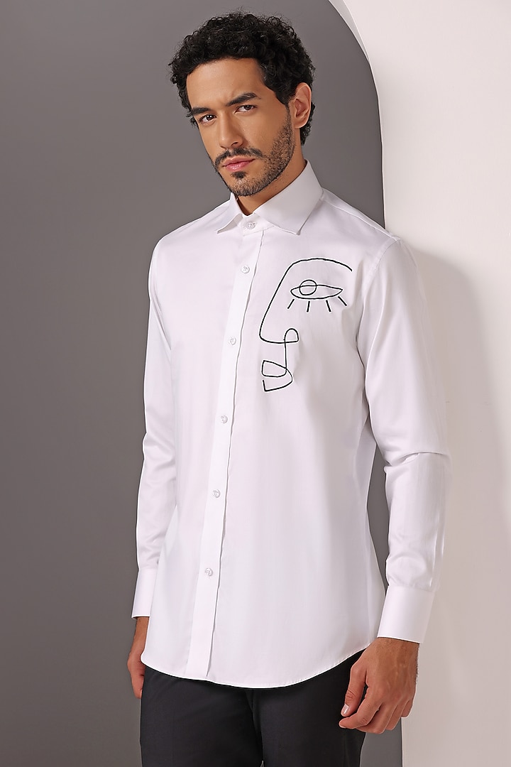 White Cotton Satin Embroidered Summer Shirt by Bhavya Bhasin at Pernia's Pop Up Shop