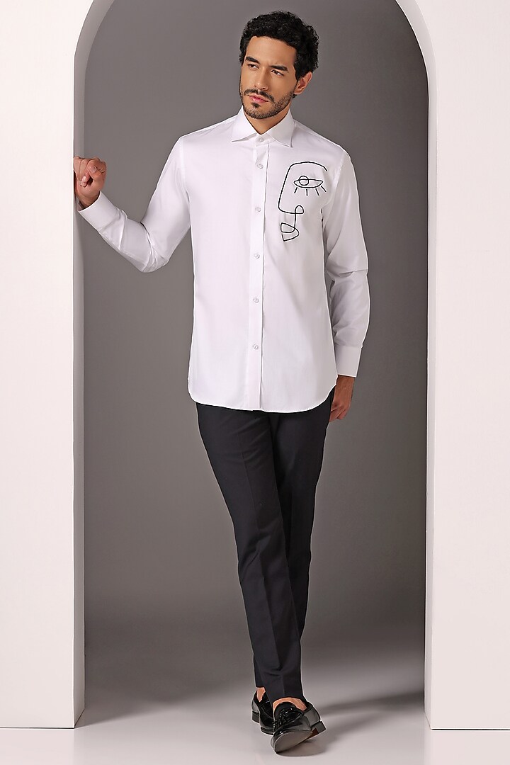 White Cotton Satin Embroidered Summer Shirt by Bhavya Bhasin at Pernia's Pop Up Shop