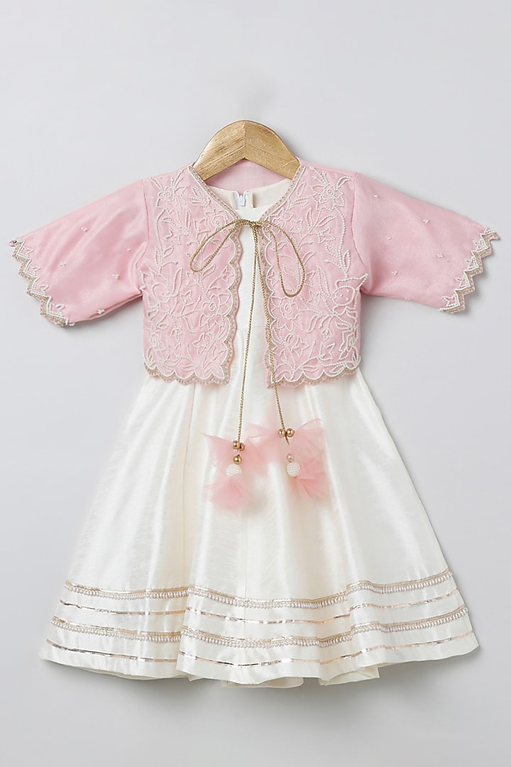 White Raw Silk & Organza Hand Embroidered Jacket Dress For Girls by BYB PREMIUM at Pernia's Pop Up Shop