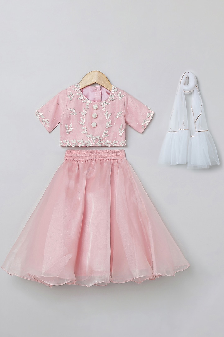 Baby Pink Organza Hand Embroidered Lehenga Set For Girls by BYB PREMIUM