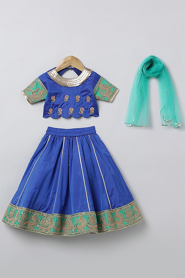 Royal Blue & Green Silk Zari Hand Embroidered Lehenga Set For Girls by BYB PREMIUM