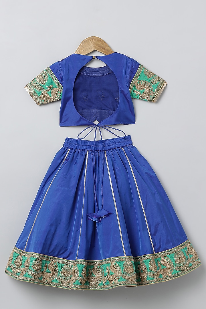 Royal Blue & Green Silk Zari Hand Embroidered Lehenga Set For Girls by BYB PREMIUM at Pernia's Pop Up Shop