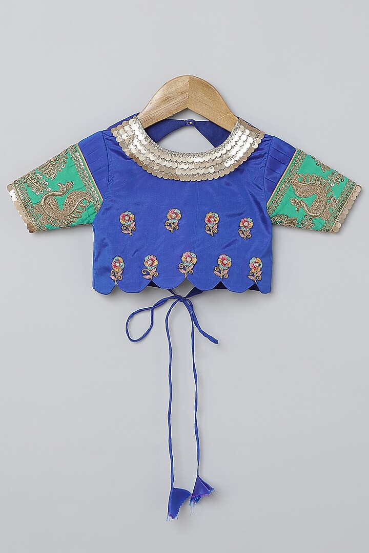 Royal Blue & Green Silk Zari Hand Embroidered Lehenga Set For Girls by BYB PREMIUM at Pernia's Pop Up Shop