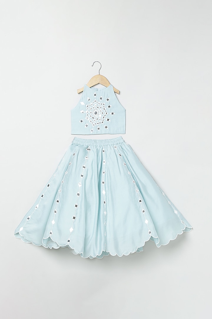Ice Blue Chanderi Mirror Embroidered Lehenga Set For Girls by BYB PREMIUM at Pernia's Pop Up Shop
