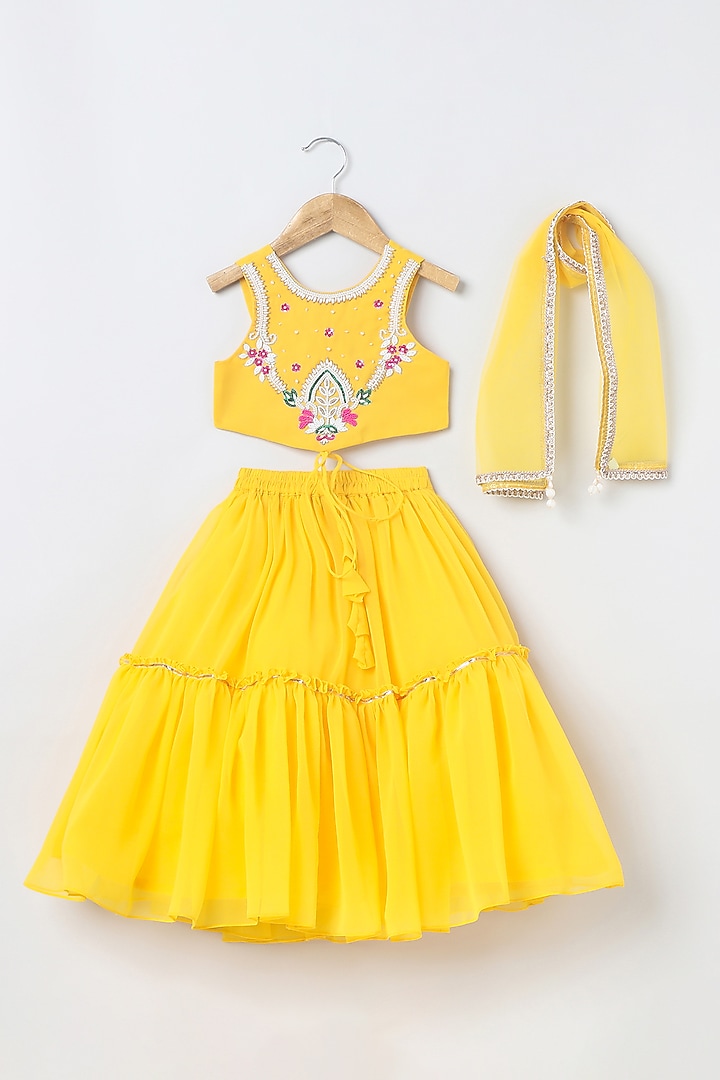 Yellow Chiffon Lehenga Set For Girls by BYB PREMIUM at Pernia's Pop Up Shop