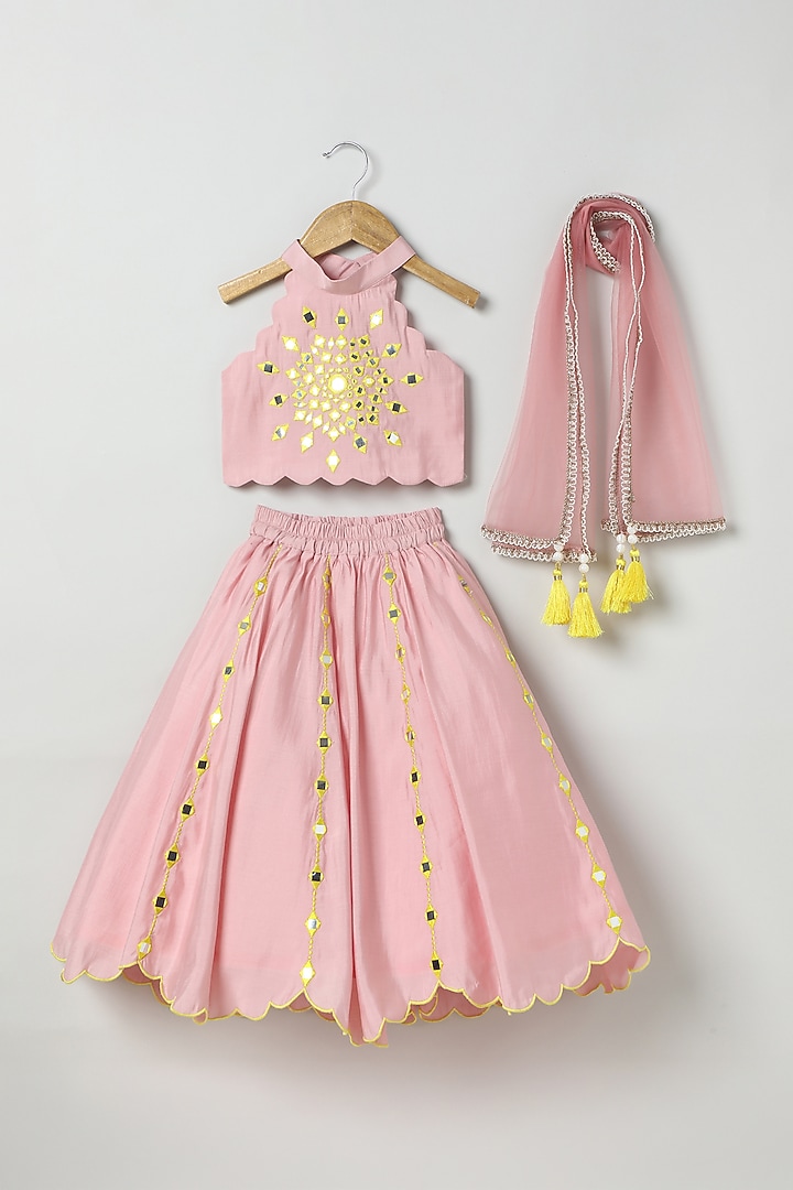 Dusty Pink Chanderi Embroidered Lehenga Set For Girls by BYB PREMIUM at Pernia's Pop Up Shop