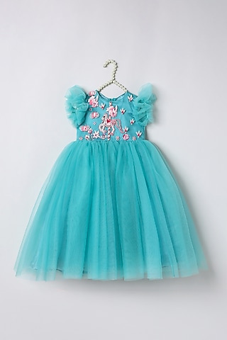 Turquoise Blue Tulle Embroidered Dress For Girls by BYB PREMIUM
