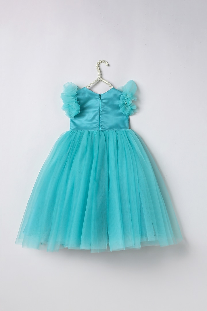 Turquoise Blue Tulle Embroidered Dress For Girls by BYB PREMIUM at Pernia's Pop Up Shop