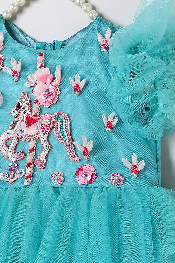 Turquoise Blue Tulle Embroidered Dress For Girls by BYB PREMIUM at Pernia's Pop Up Shop