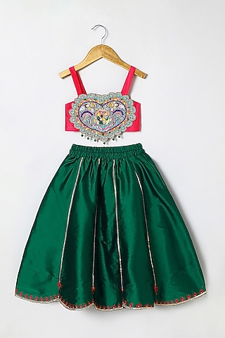 Green Taffeta Embroidered Lehenga Set For Girls by BYB PREMIUM